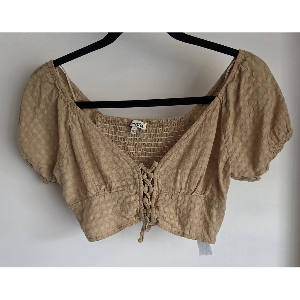 Camellia Women S Textured Cotton Blouse Short Sleeve Tan Casual Crop Top Boho